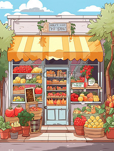 卡通商店的插画图片_可爱的水果商店卡通插画10