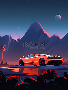沙漠夜晚插画图片_旅行在沙漠中的汽车日落4