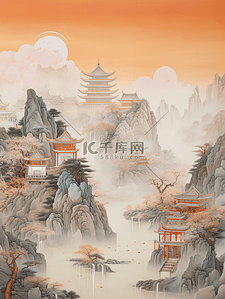 秋季中国风山水风景意境插画33