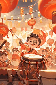 新年春节敲锣打鼓的热闹街景手绘插画