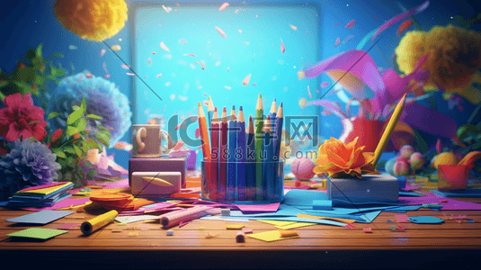 彩色桌上的彩铅文具开学季插画3