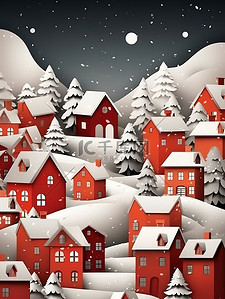 圣诞节主题插画图片_红白相间的雪村圣诞节主题8