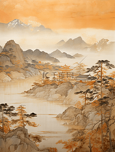 秋季中国风山水风景意境插画36