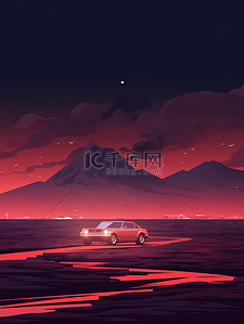 沙漠夜晚插画图片_旅行在沙漠中的汽车日落6