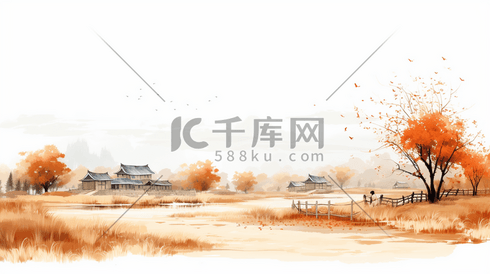 秋季金黄色落叶中国风风景插画3