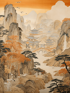 秋季中国风山水风景意境插画29