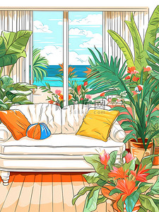 地中海插画图片_地中海风格舒适的客厅5