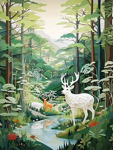 剪纸动物插画图片_麋鹿森林剪纸艺术5