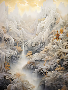 中国山水画插画图片_奢华金色笔触抽象中国山水画5