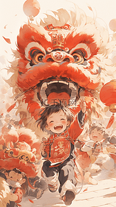 新年春节教材风在街道舞狮的人物手绘插画