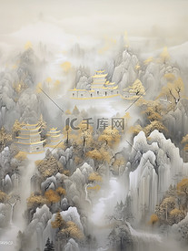 奢华金色笔触抽象中国山水画13