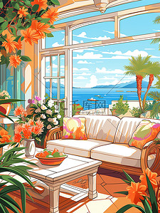客厅白色插画图片_地中海风格舒适的客厅6