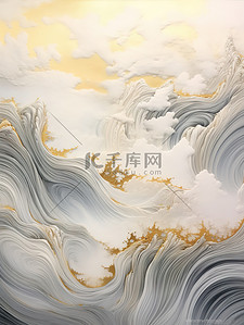 抽象方形几何插画图片_奢华金色笔触抽象中国山水画14