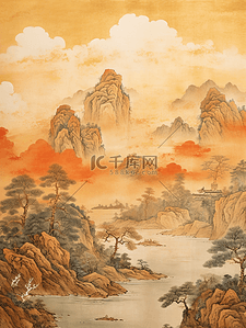 中国风数字2插画图片_秋季中国风山水风景意境插画2