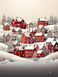 红蓝主题婚礼插画图片_红白相间的雪村圣诞节主题7