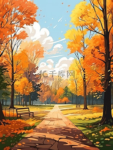 散步枫叶插画图片_秋天城市里美丽的公园18