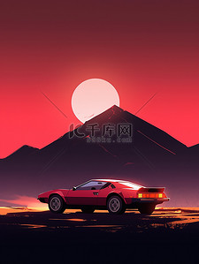 沙漠夜晚插画图片_旅行在沙漠中的汽车日落9