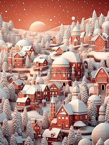 红蓝主题婚礼插画图片_红白相间的雪村圣诞节主题12