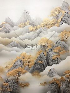 奢华金色笔触抽象中国山水画17