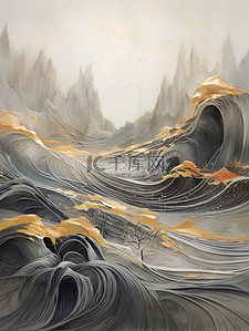 奢华金色笔触抽象中国山水画12