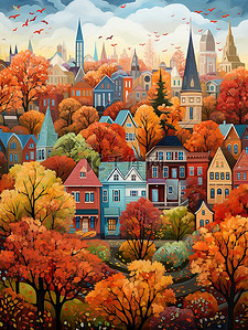 中毒的卡通插画图片_秋天的城市树木环绕的卡通小镇1