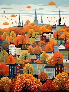 秋天的城市树木环绕的卡通小镇6