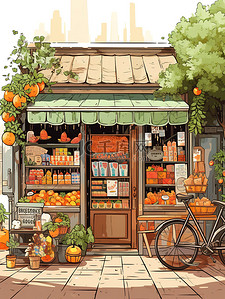 商店卡通插画图片_可爱的水果商店卡通插画1
