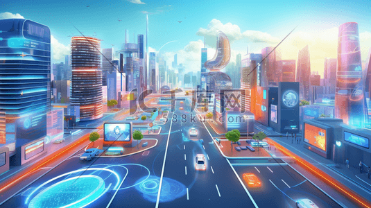 科技大城市插画图片_七彩智慧城市繁忙交通插画2