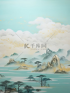 简约数字插画图片_淡蓝色天空简约中国风山水画