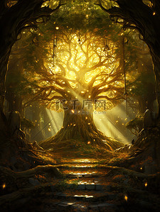 树冠插画图片_秋天的阳光透过森林12