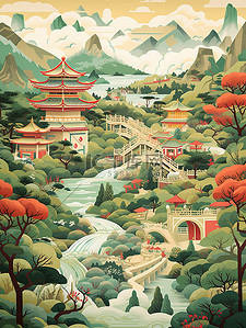 中国风景山水祖母绿和深红色18