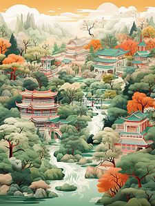 中国风景山水祖母绿和深红色11