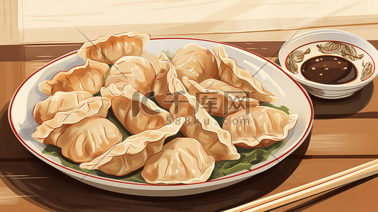 木质盘子和勺子插画图片_一个盘子里放着饺子插图6