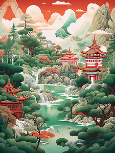 中国风景山水祖母绿和深红色7