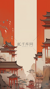 中式国潮边框插画图片_红色国风庭院中式建筑