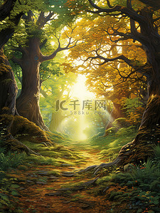 树冠插画图片_秋天的阳光透过森林3