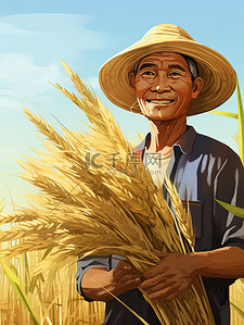 秋收农民插画图片_戴着草帽的农民手里拿着小麦1