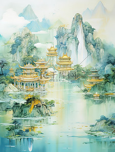 10.1金色插画图片_金色的中国建筑平静的山水诗意10