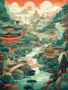 中国风景山水祖母绿和深红色16