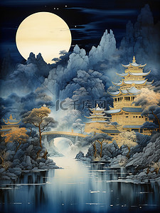 光1插画图片_古老的帝国建筑山水哑光蓝色背景1