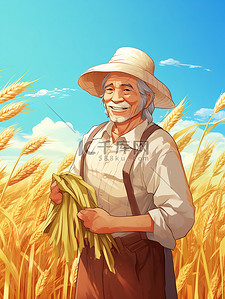 手里拎袋子插画图片_戴着草帽的农民手里拿着小麦3