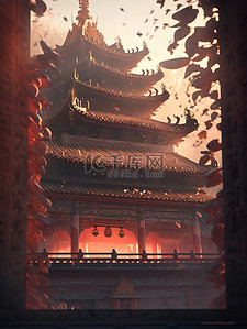 中国古建筑插画图片_中国古建筑红墙阳光下光影8