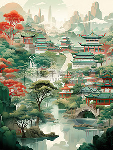中国风景山水祖母绿和深红色13