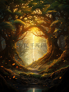 树冠插画图片_秋天的阳光透过森林9