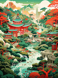 深红色红色插画图片_中国风景山水祖母绿和深红色19