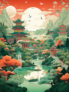 红色深红色插画图片_中国风景山水祖母绿和深红色5