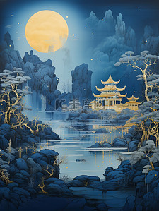 蓝色背景2插画图片_古老的帝国建筑山水哑光蓝色背景2