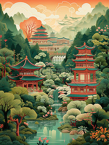 中国风景山水祖母绿和深红色8