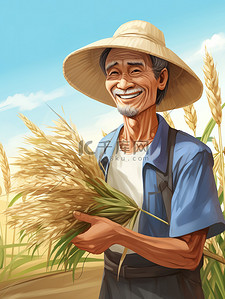 手里拿着平板插画图片_戴着草帽的农民手里拿着小麦6