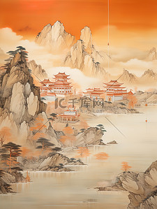 浅橙色乡村景色山水插画8